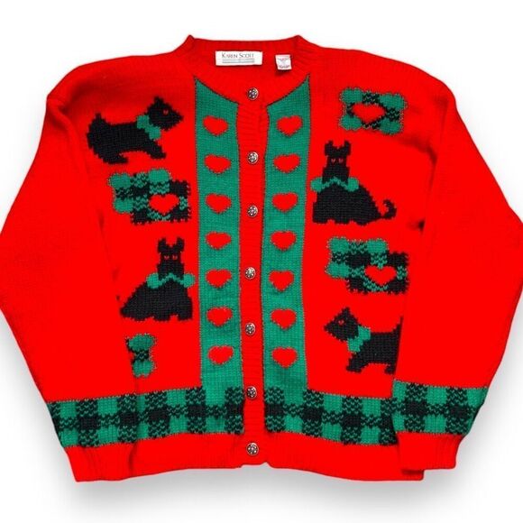 Vintage 90s Knit Cardigan Sweater Round Neck Bright Red Scottie Plaid Pattern - Picture 1 of 11